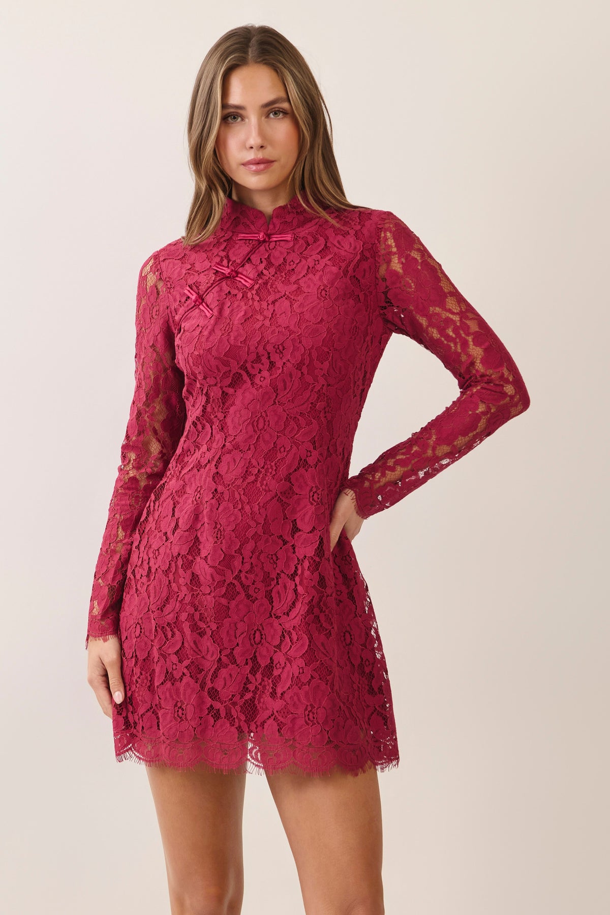 Floral Lace Mock Neck Mini Dress (Burgundy)