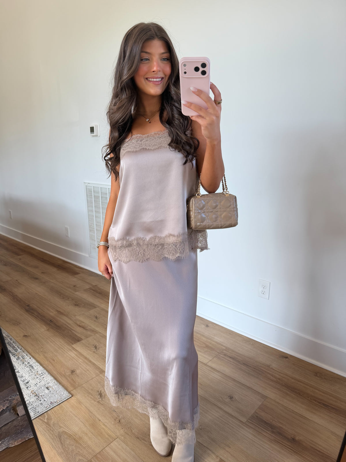 Taupe Satin Lace Trim Set