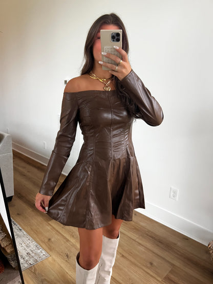 Off The Shoulder Brown Leather Dress