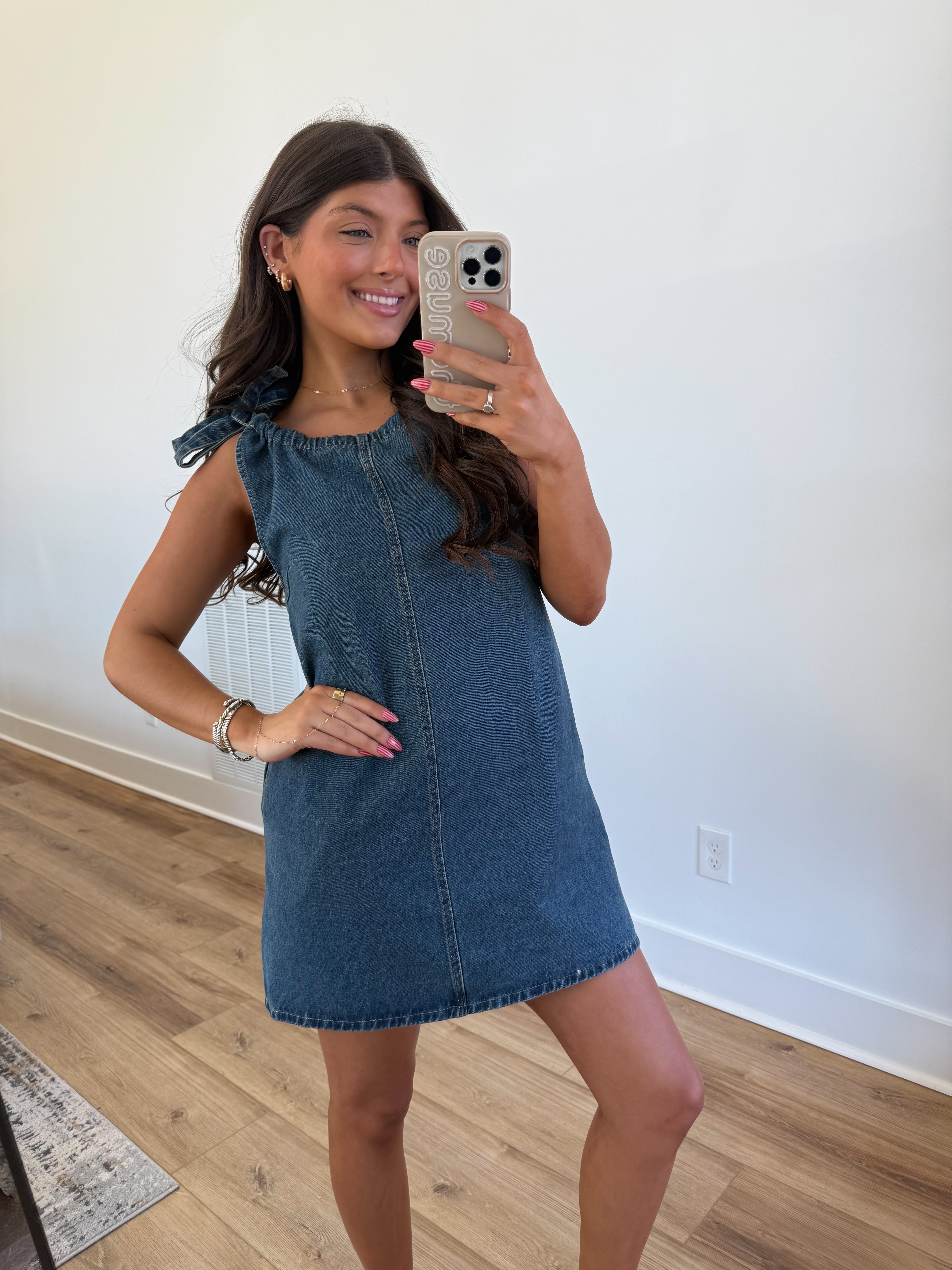 Tie Shoulder Denim Dress