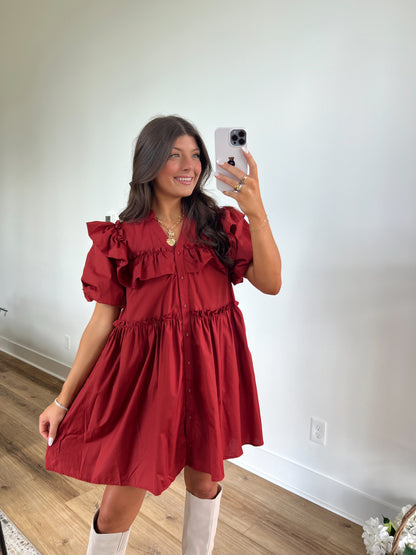 Brick Red Puff Sleeve Mini Dress