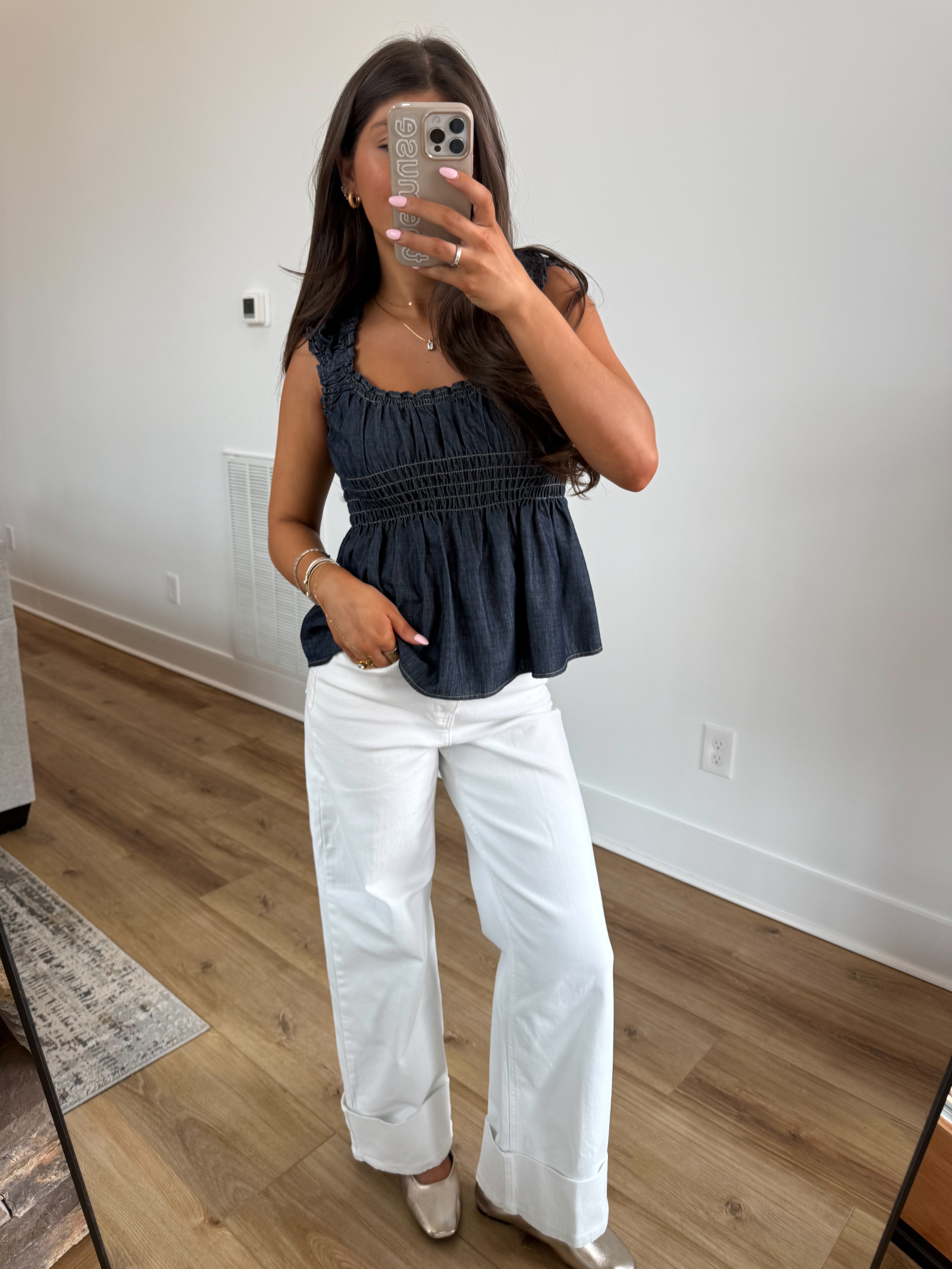 Denim Smocked Peplum Top