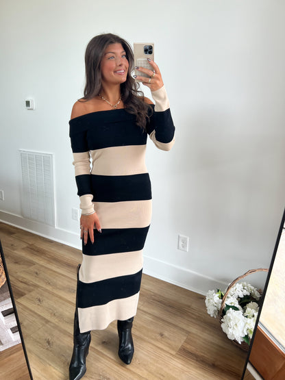 Cream/Black Stripe Midi Dress