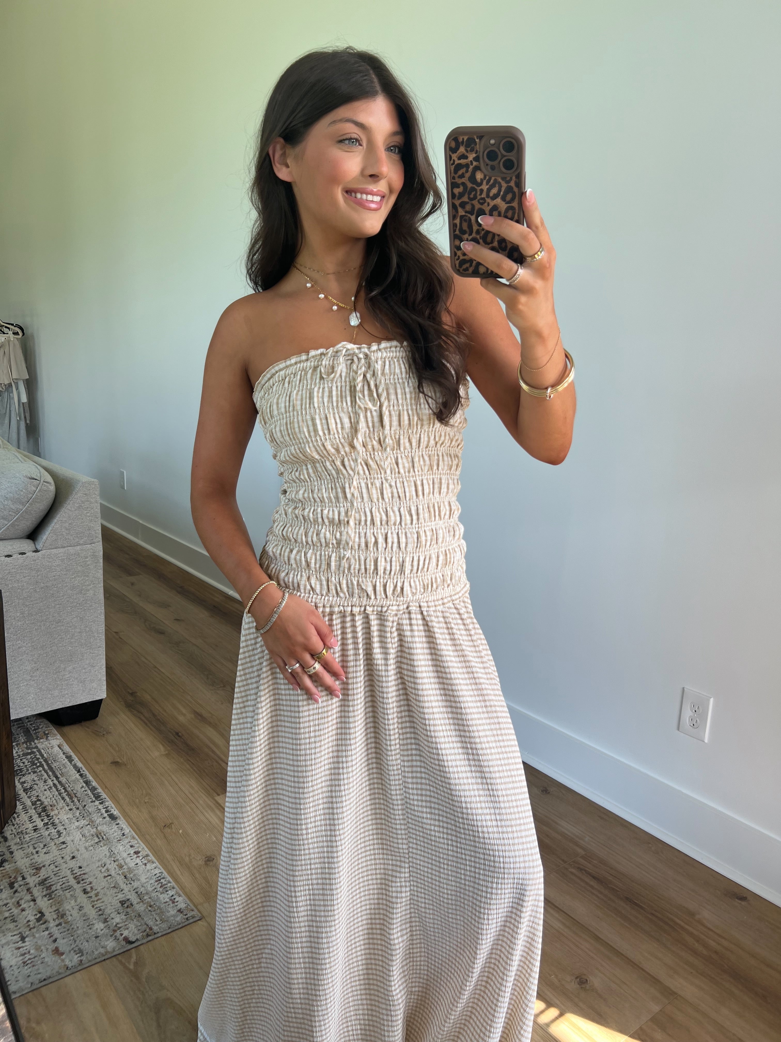 (Beige) Haley Smocked Maxi Dress