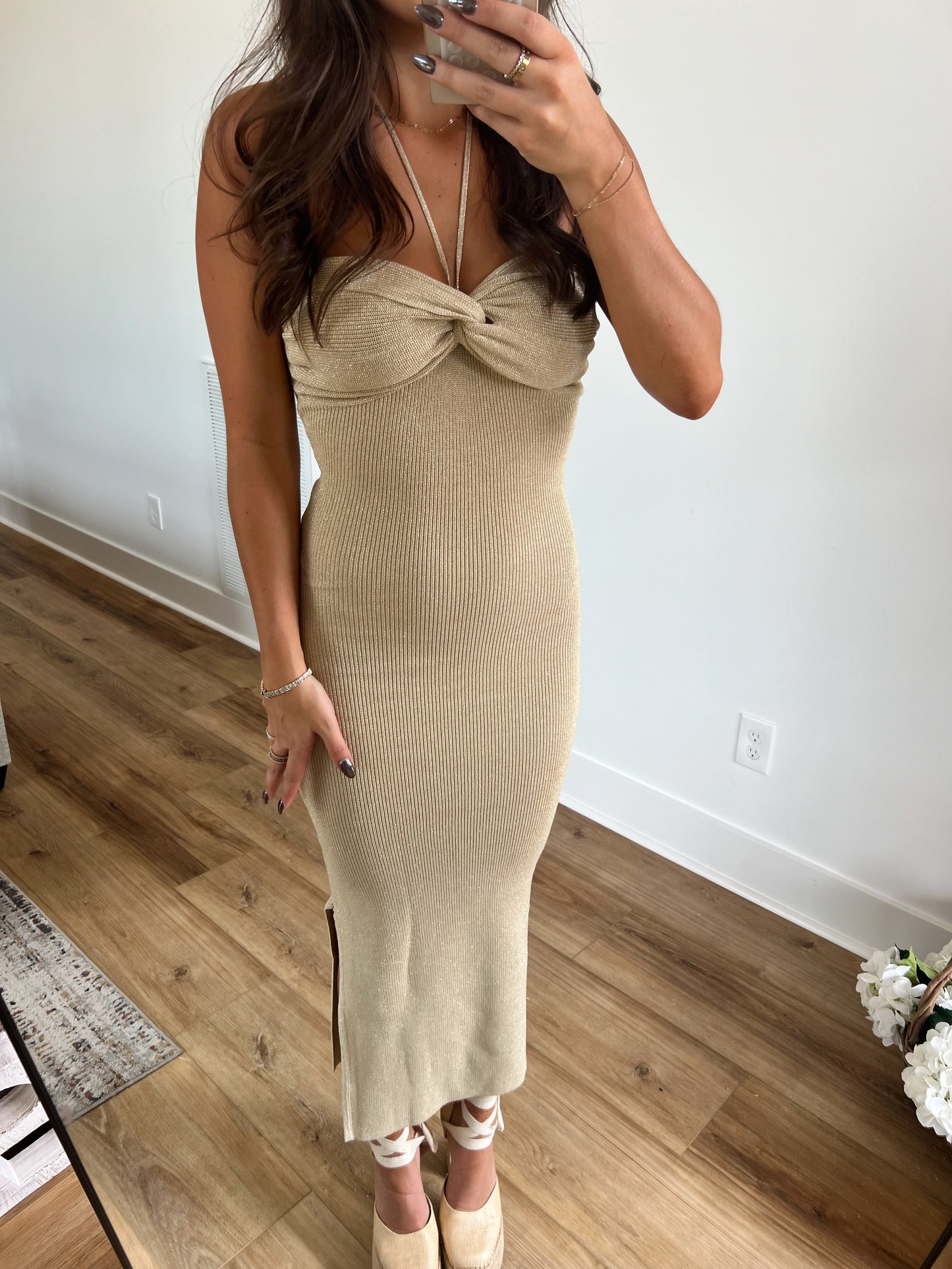 Gold Glitter Twist Knot Dress