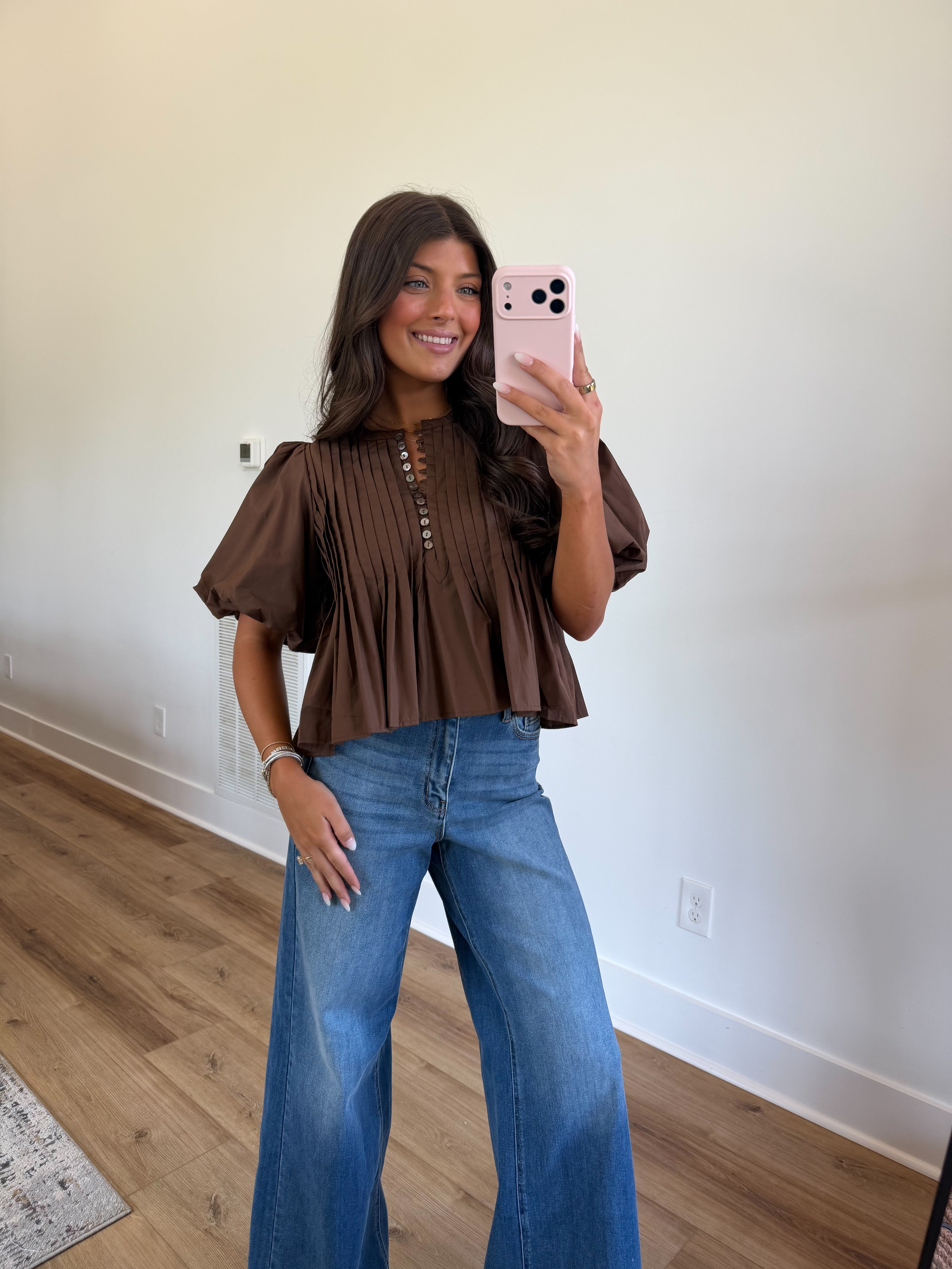 Brown Pleated Puff Sleeve Blouse (PRE-ORDER (1st week of October)/ Restock)