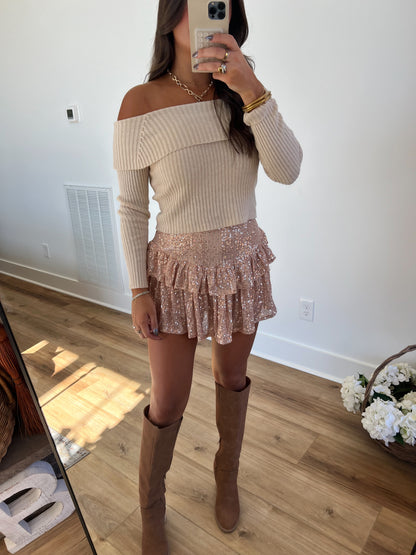 (Tan) Off The Shoulder Ribbed Bow Top