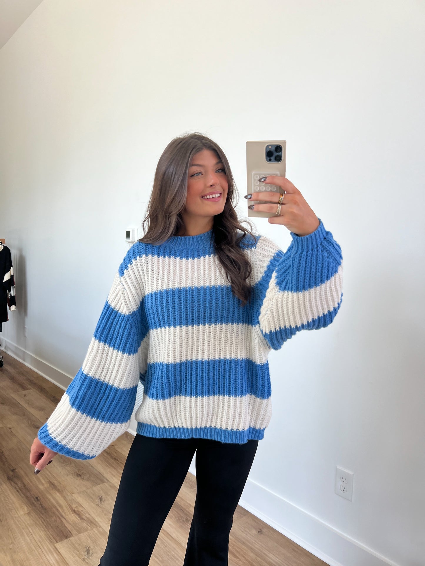 Blue Oversized Fluffy Stripe Sweater