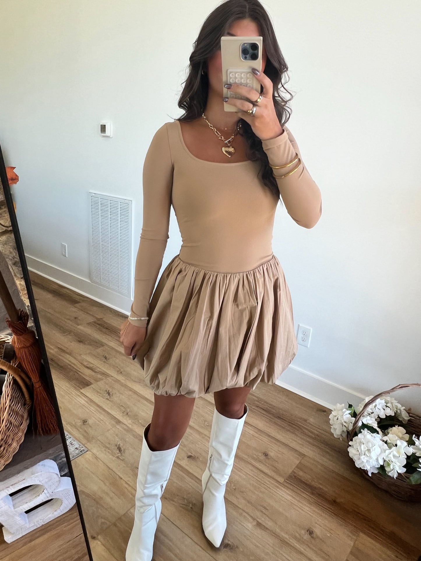 Square Neck Tan Bubble Dress