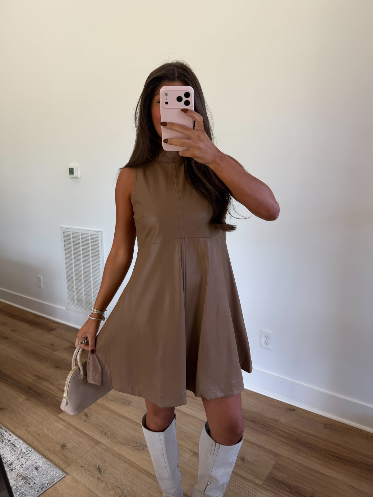 Brown Leather Swing Mini Dress