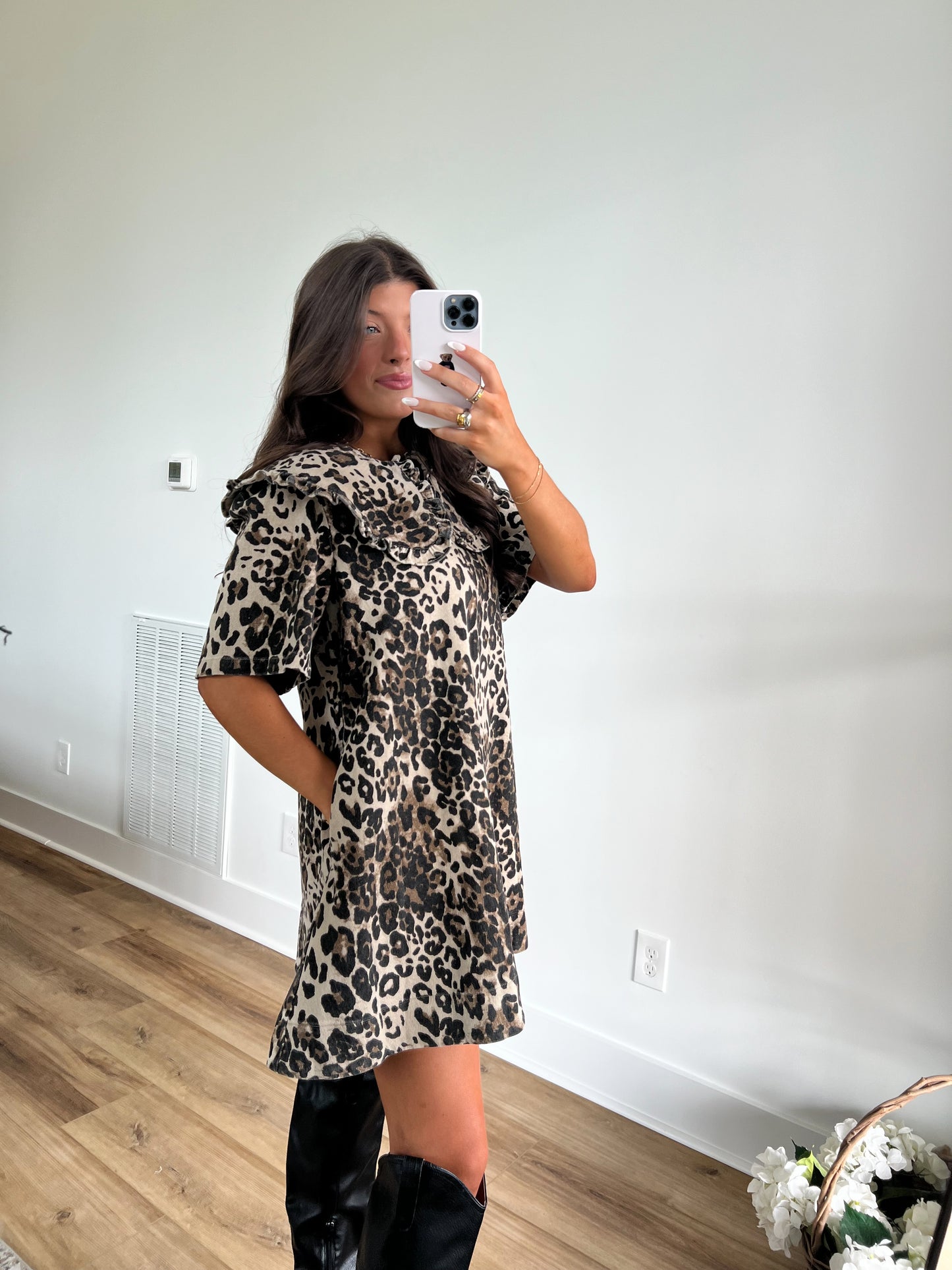 Cheetah Denim Peter Pan Mini Dress