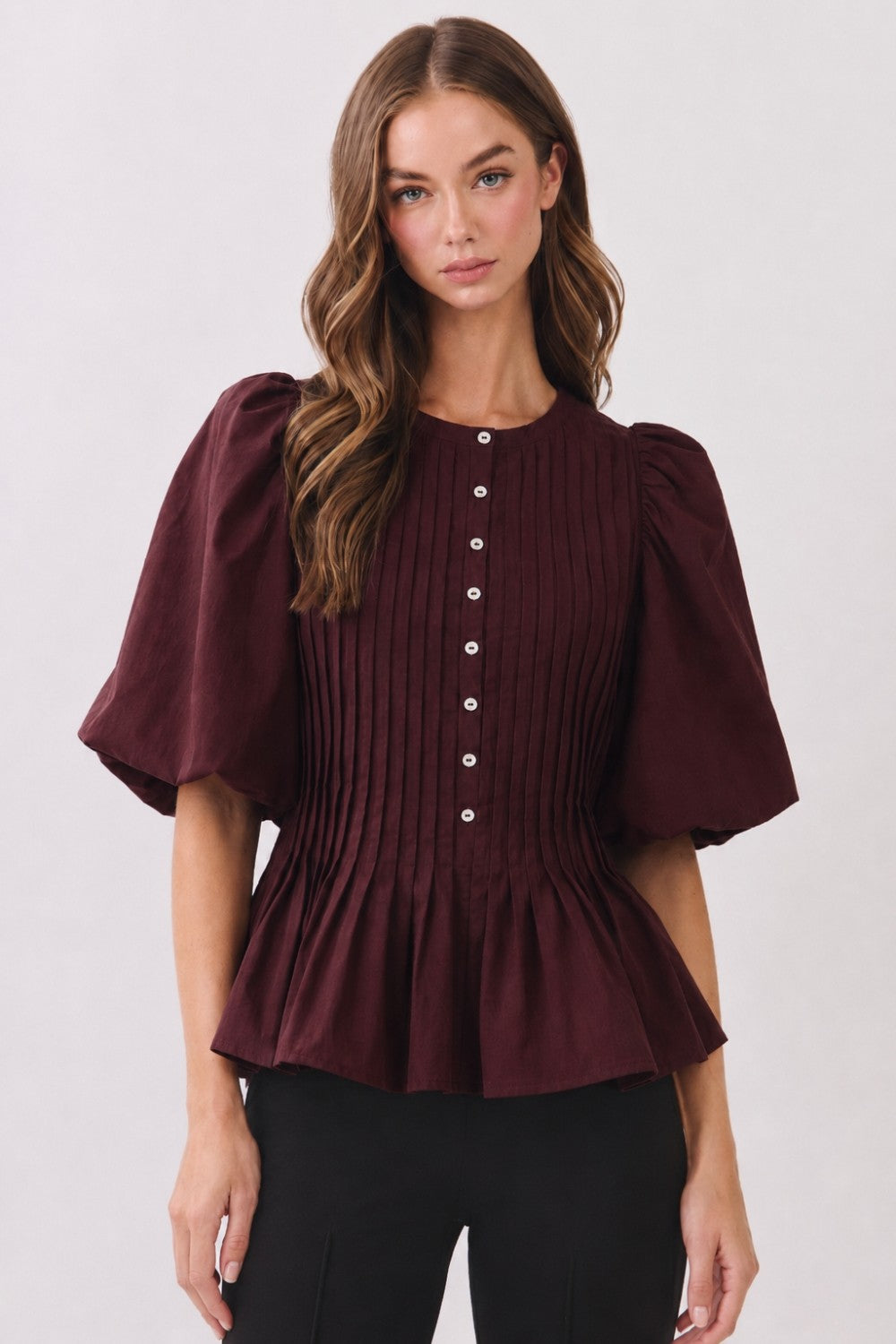 Puff Sleeve Pleated Peplum Top (Maroon)