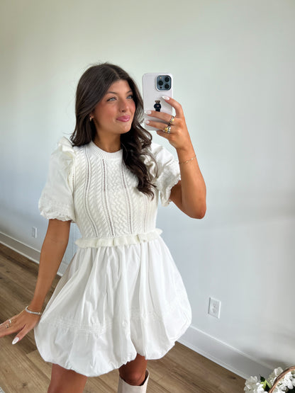 White Sweet Poplin Bubble Hem Mini Dress