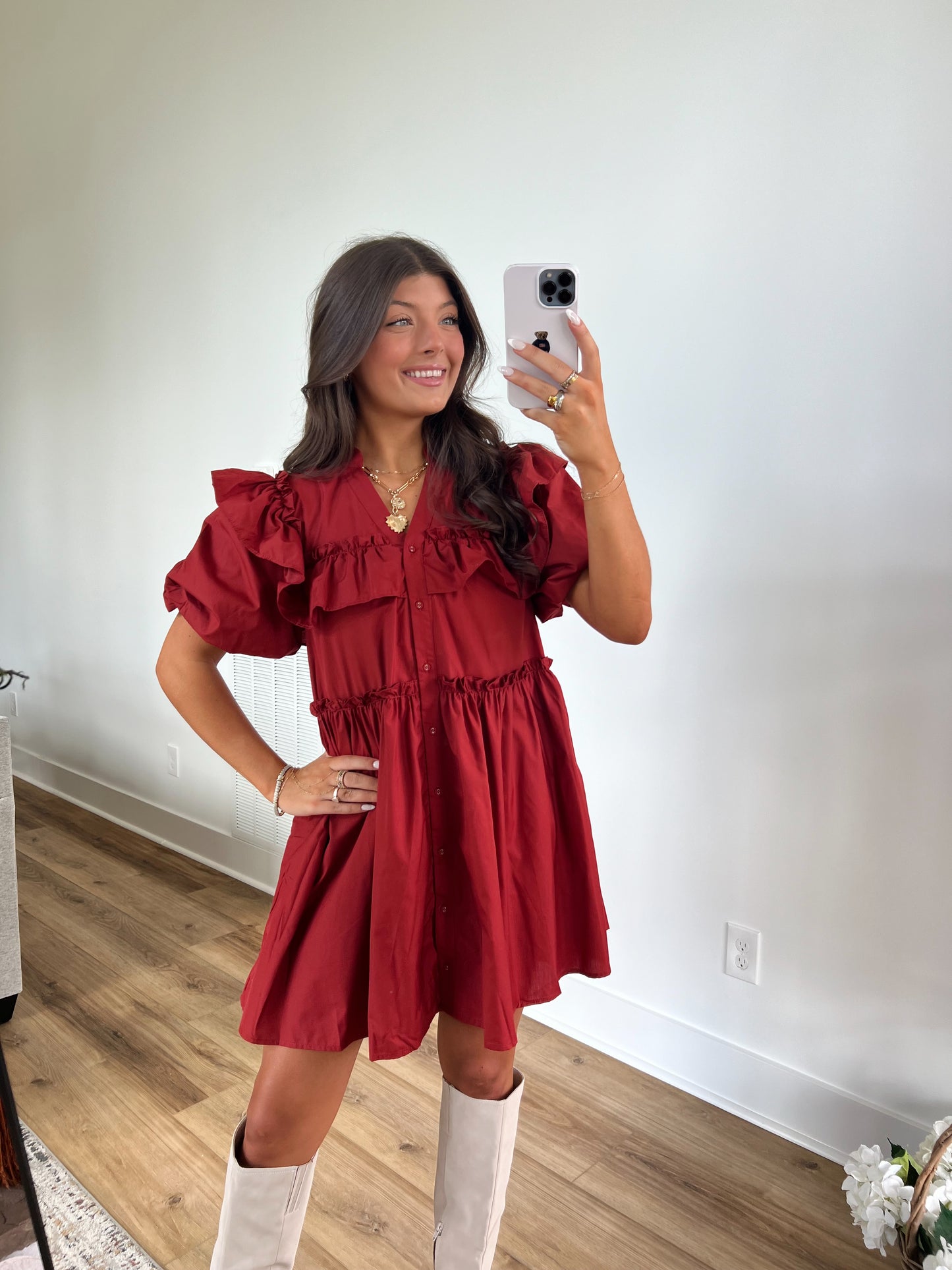 Brick Red Puff Sleeve Mini Dress