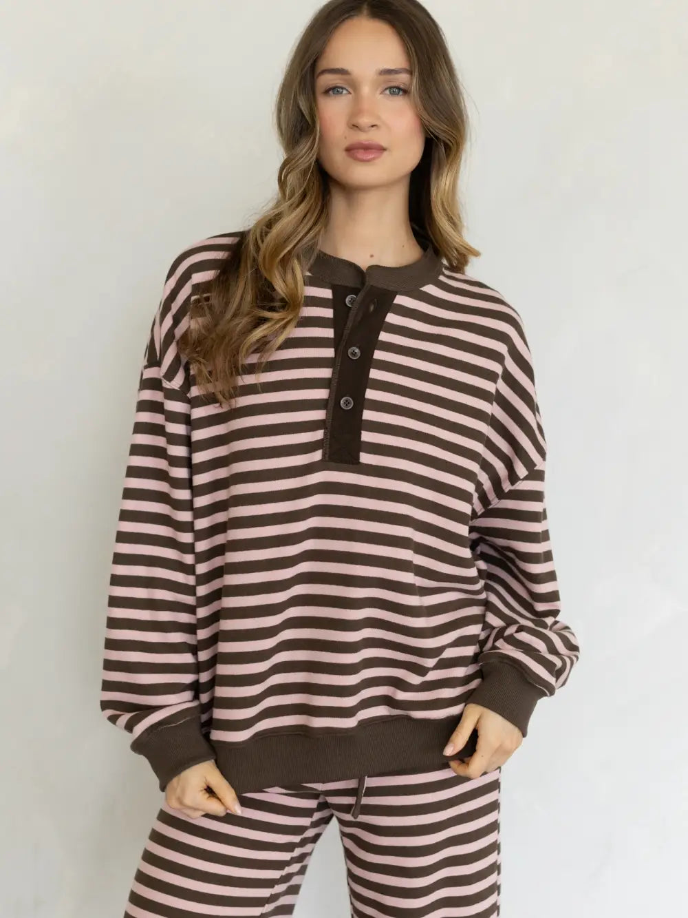 Stripe Henley Set (Pink/Mocha)