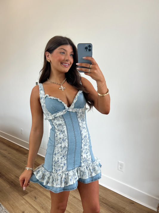 Dainty Floral Denim Mini Dress