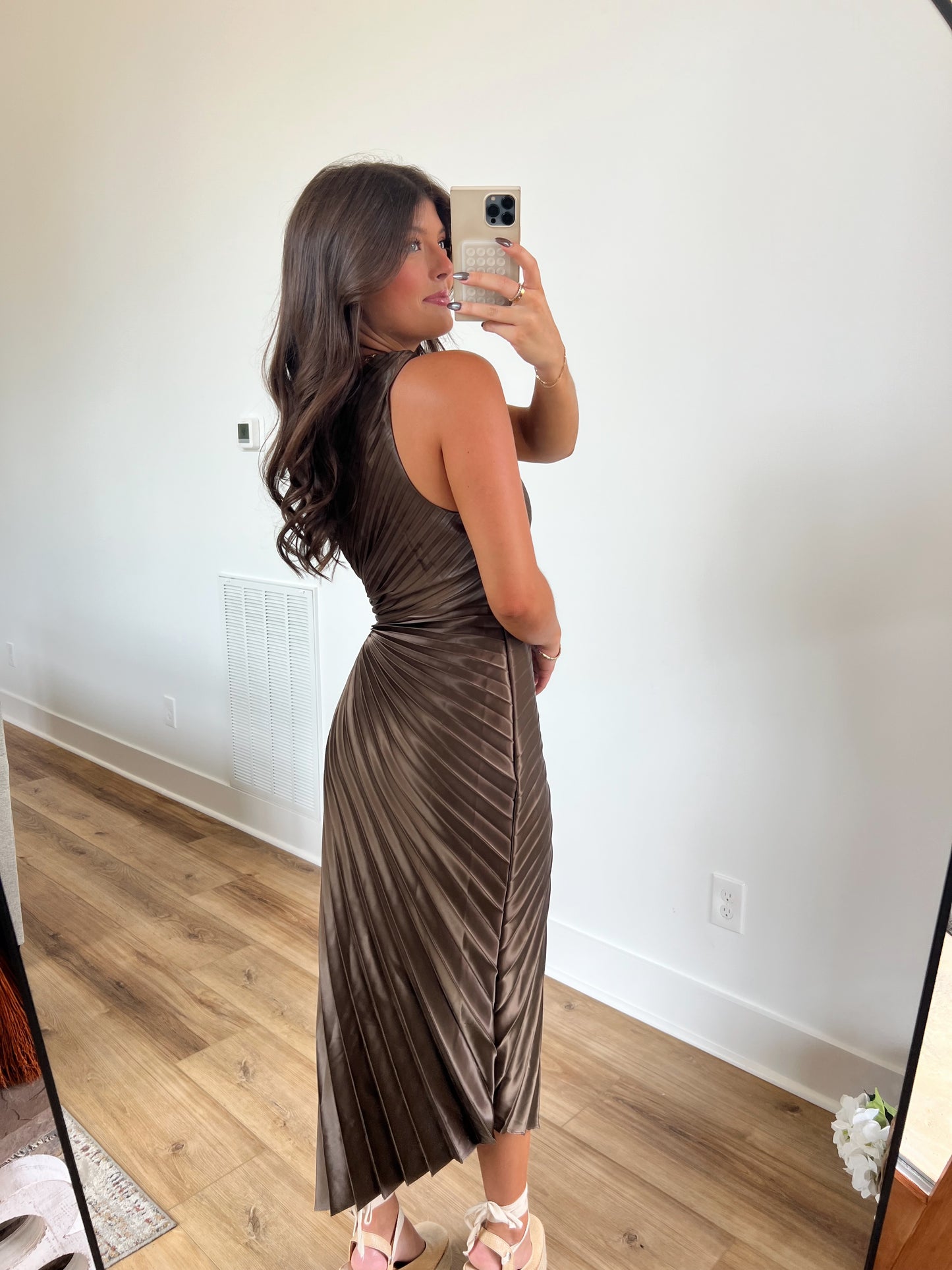 Metallic Pleated Midi Dress