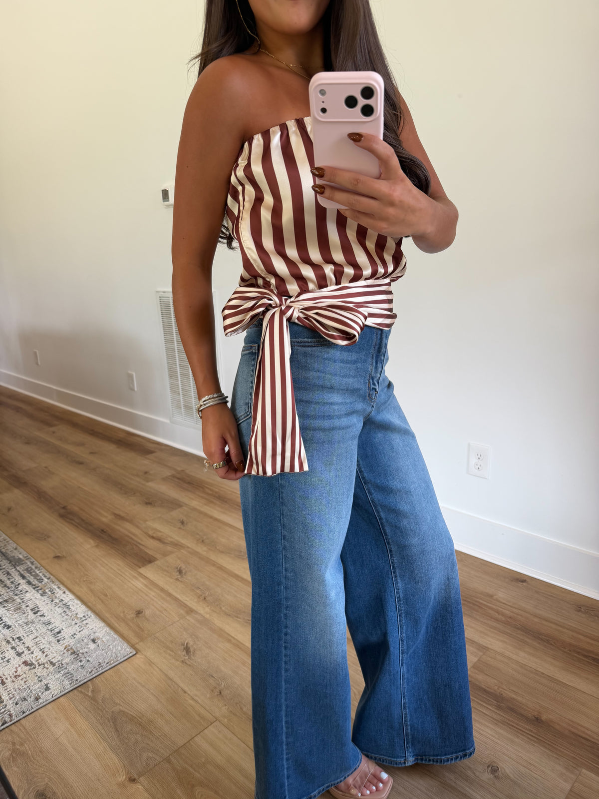 Satin Stripe Side Tie Top (Brown)
