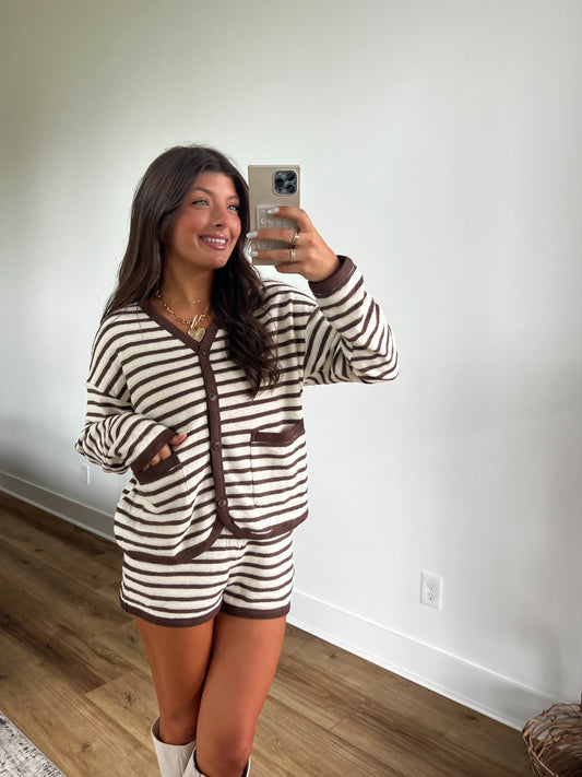 Stripe Cardigan Shorts Set (Brown)