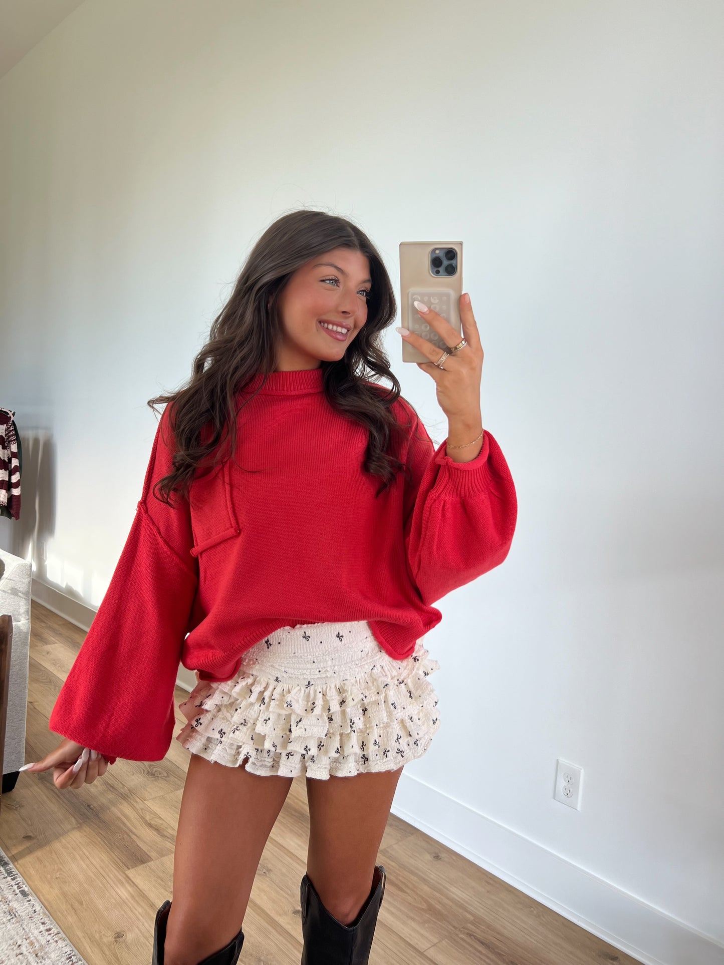 Red Cozy Balloon Sleeve Sweater