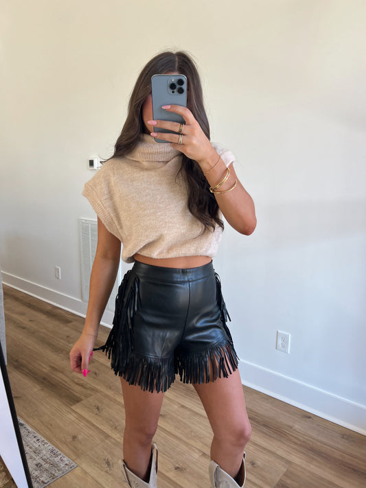 Black Leather Fringe Shorts