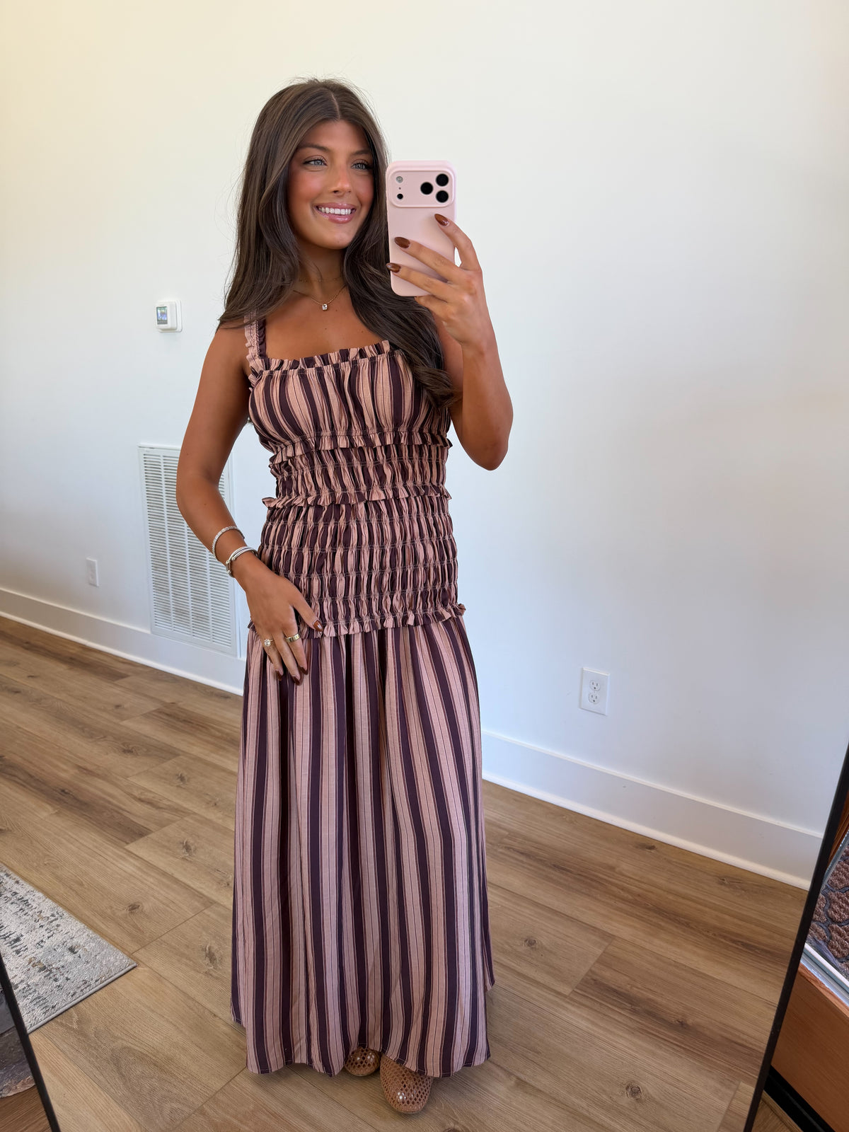 Chocolate Stripe Smocked Maxi Dress