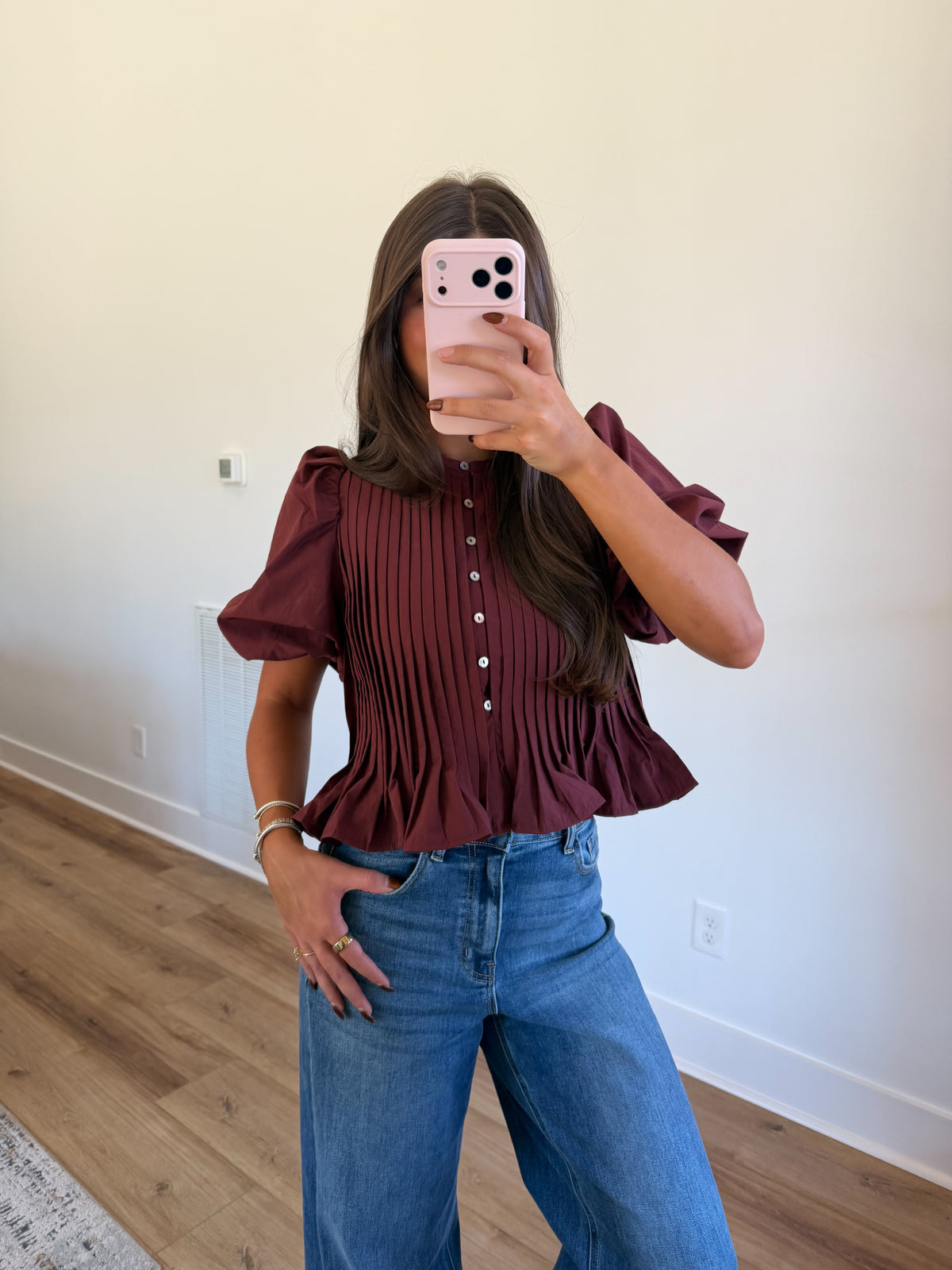 Puff Sleeve Pleated Peplum Top (Maroon)