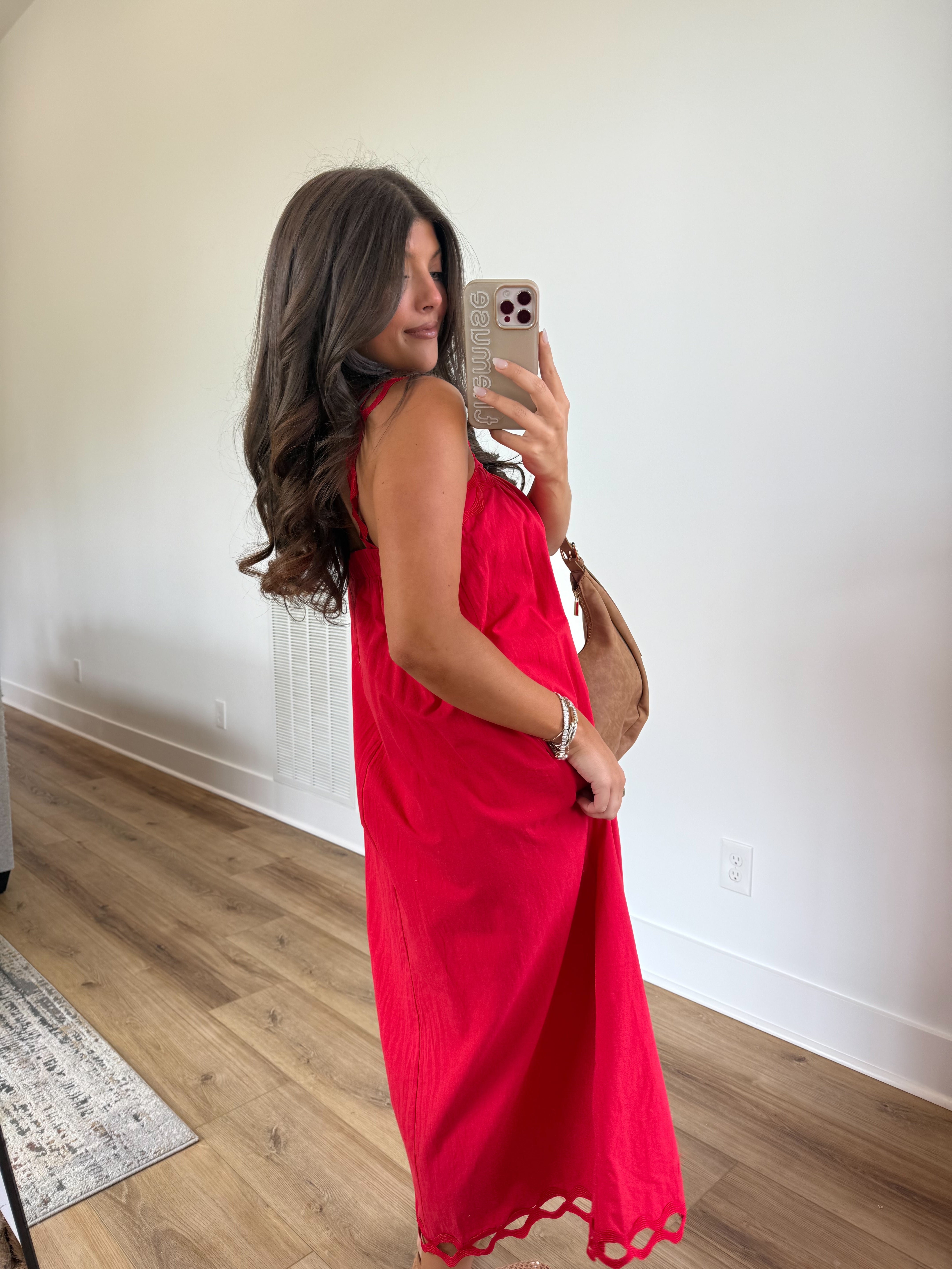 Red Scallop Midi Dress
