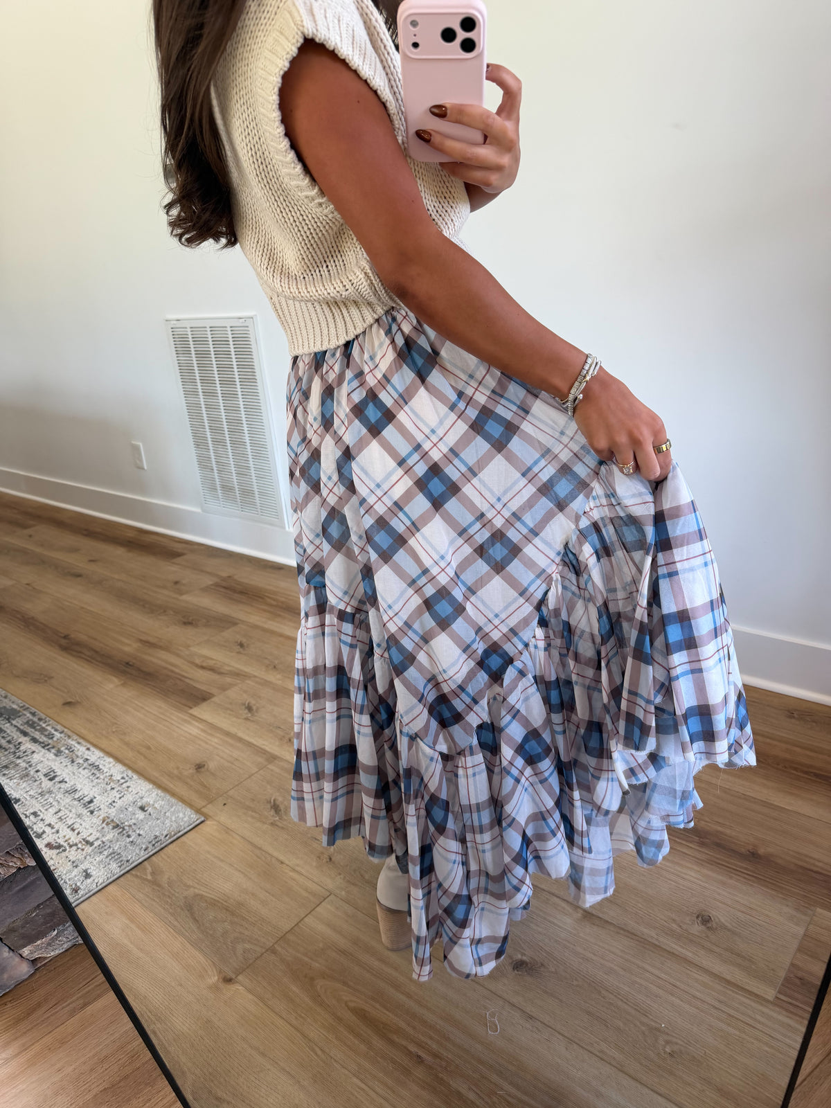 Blue & Brown Plaid Ruffle Maxi Skirt