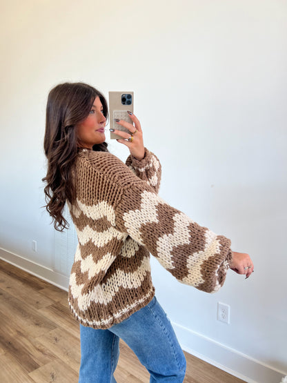 Cheveron Oversized Chunky Knit Sweater (Brown)