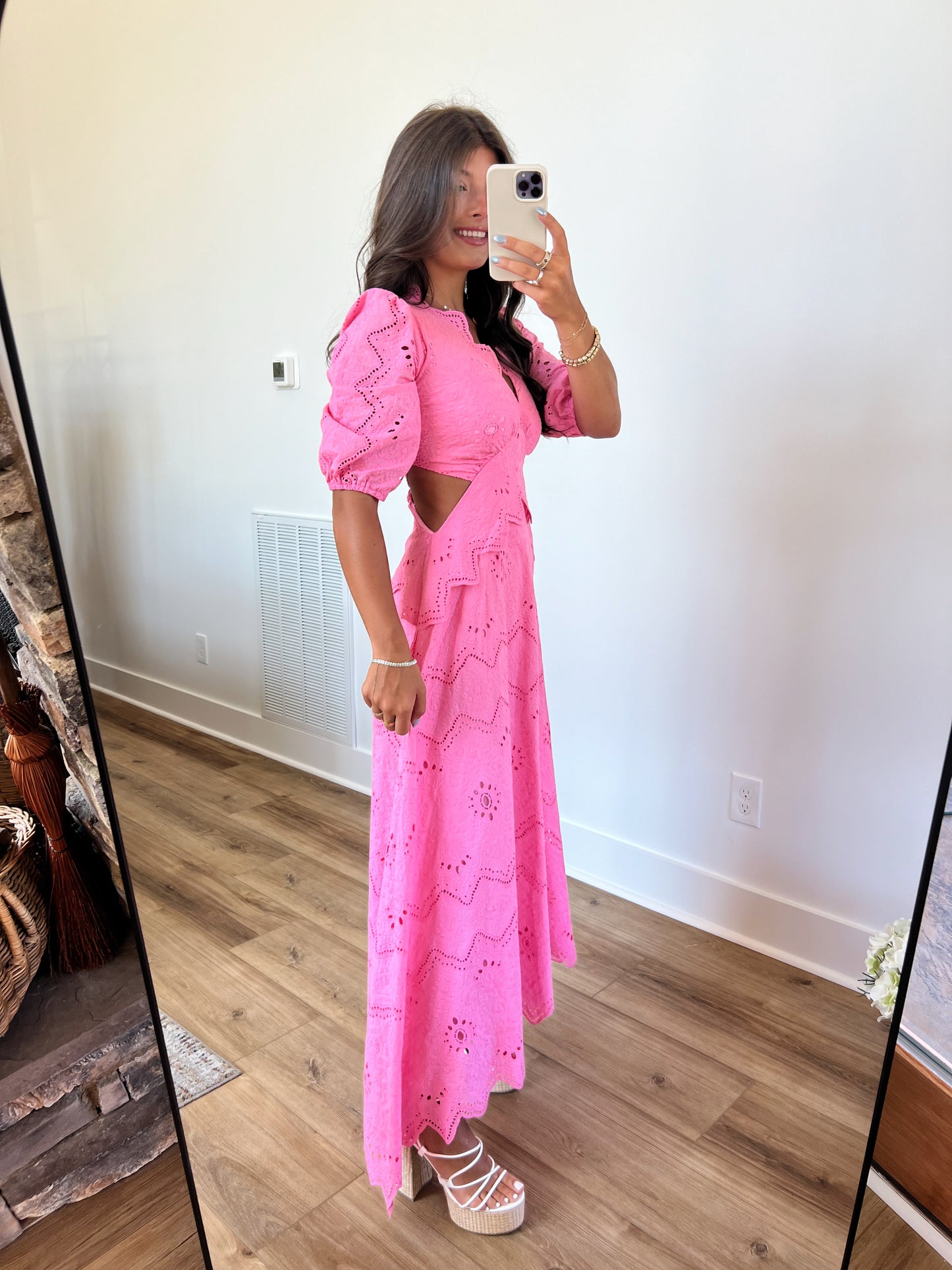 Pink Eyelet Puff Sleeve Maxi Dress