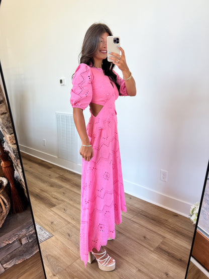 Pink Eyelet Puff Sleeve Maxi Dress