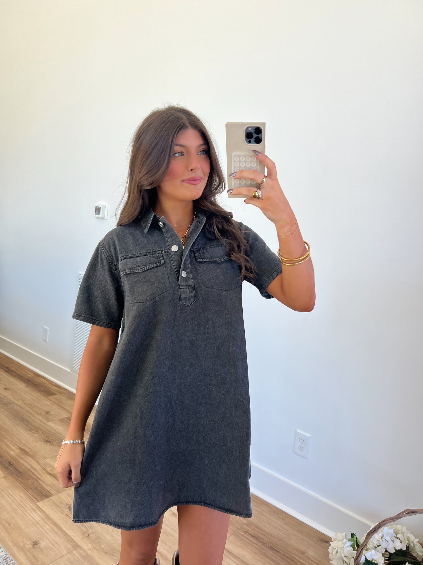 Black Double Pocket Denim Dress