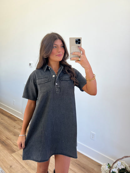 Black Double Pocket Denim Dress