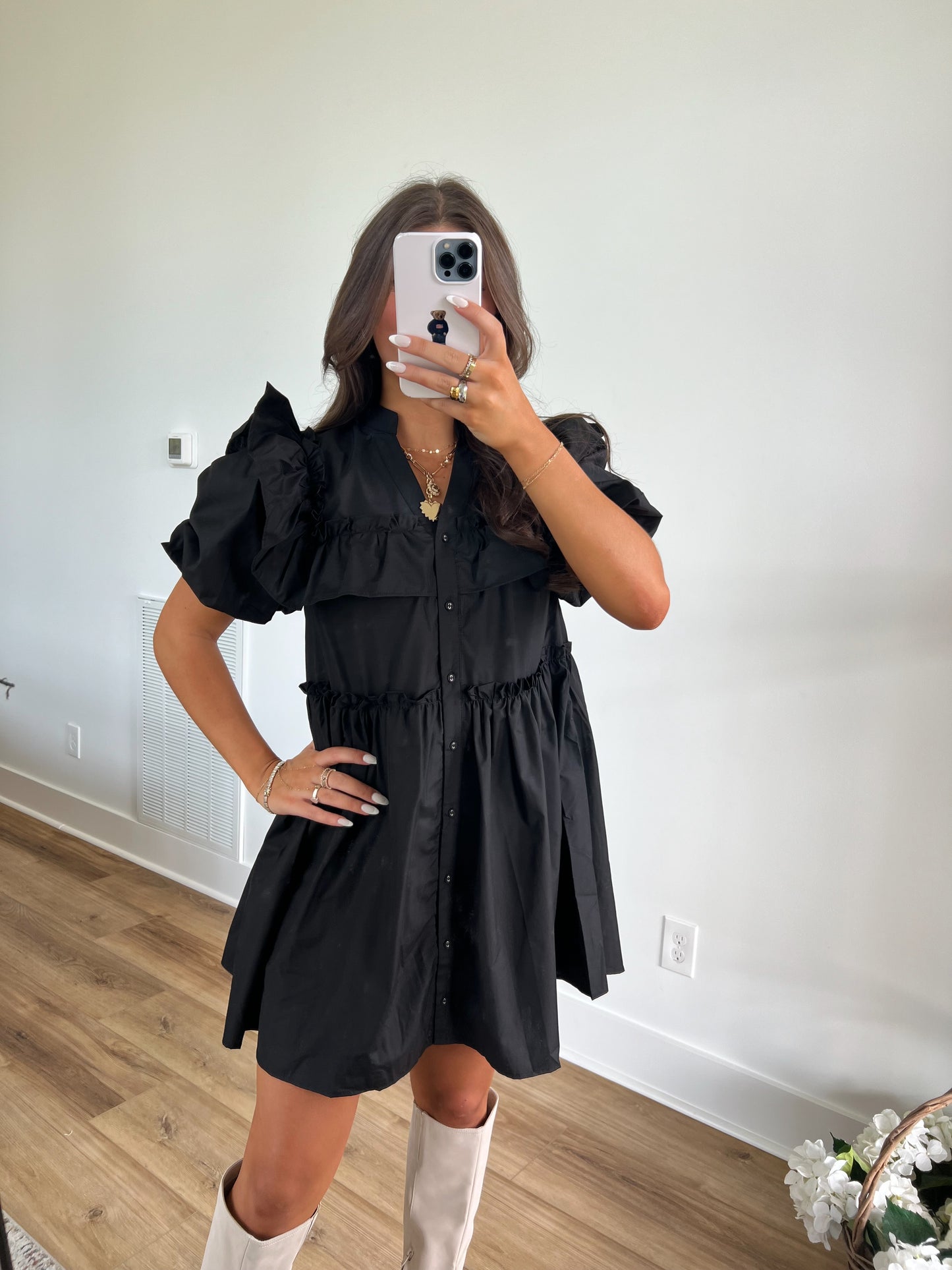 Black Puff Sleeve Mini Dress