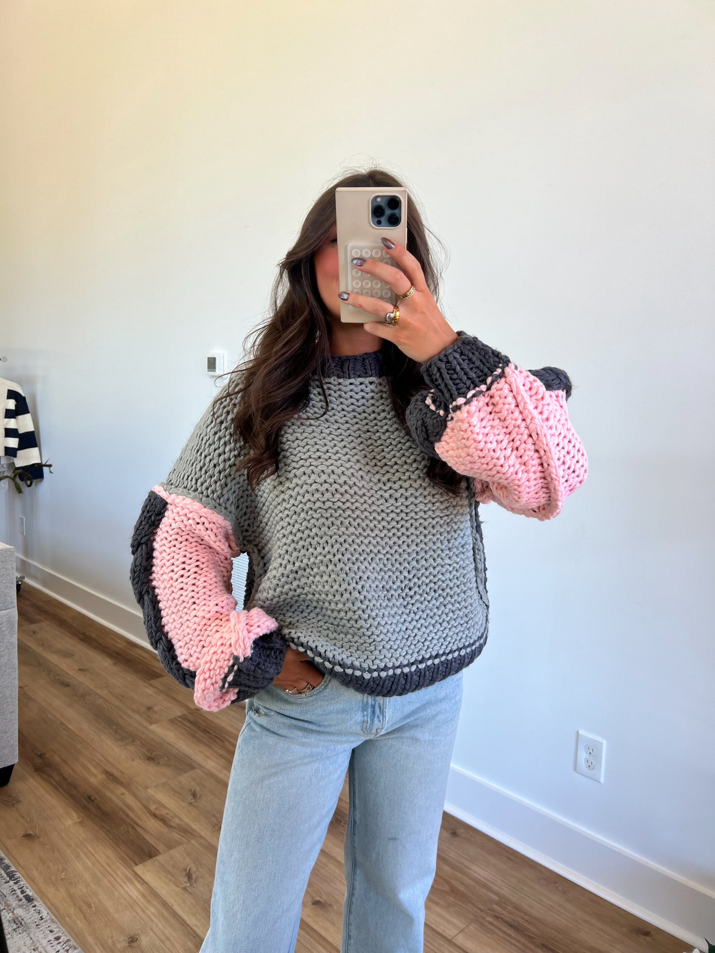 Crochet Chunk Knit Sweater (Stone Multi)