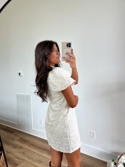 Cream Sequin Button Down Dress