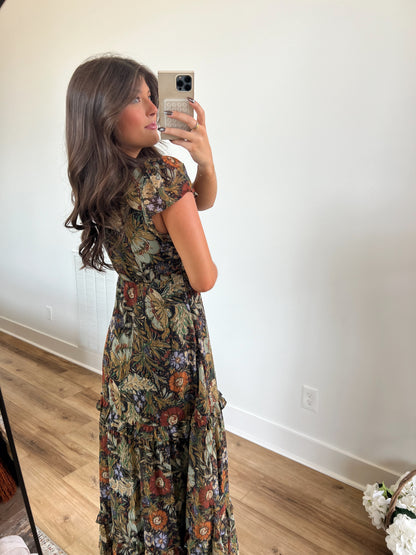 Fall Floral Flutter Sleeve Maxi Skirt