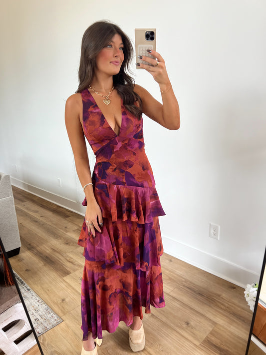 Dark Floral Fall Criss Cross Back Maxi Dress