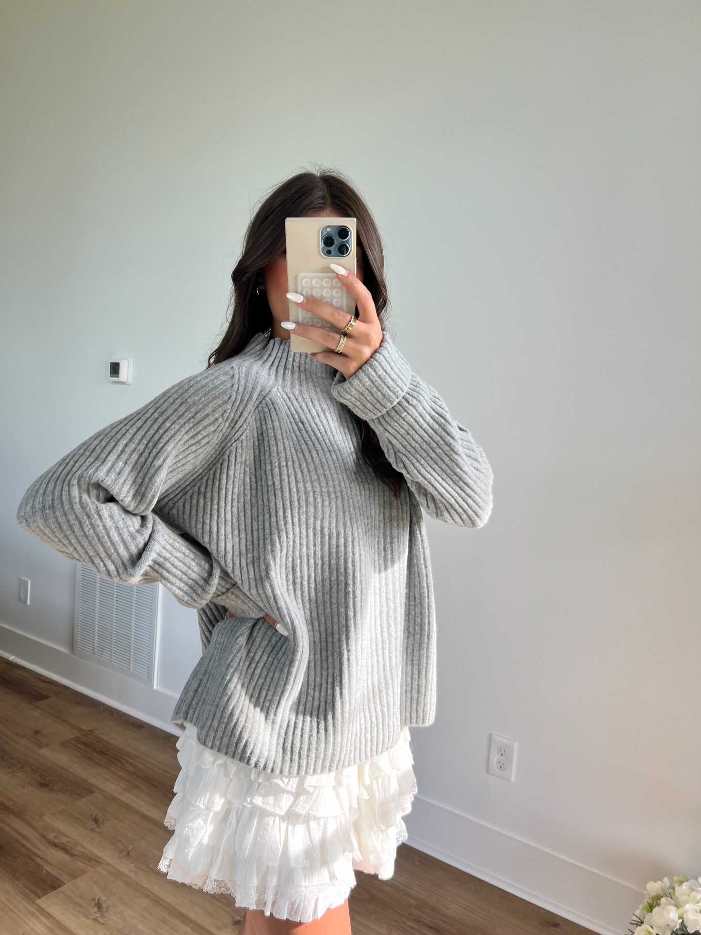 Grey Ribbed Mock Neck Sweater