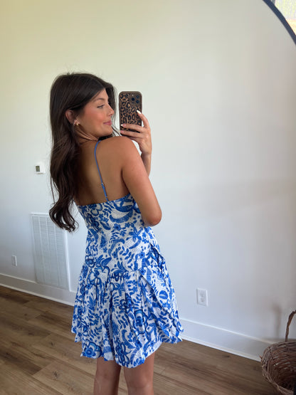 Blue Hawaiian Contrast Stitch Mini Dress