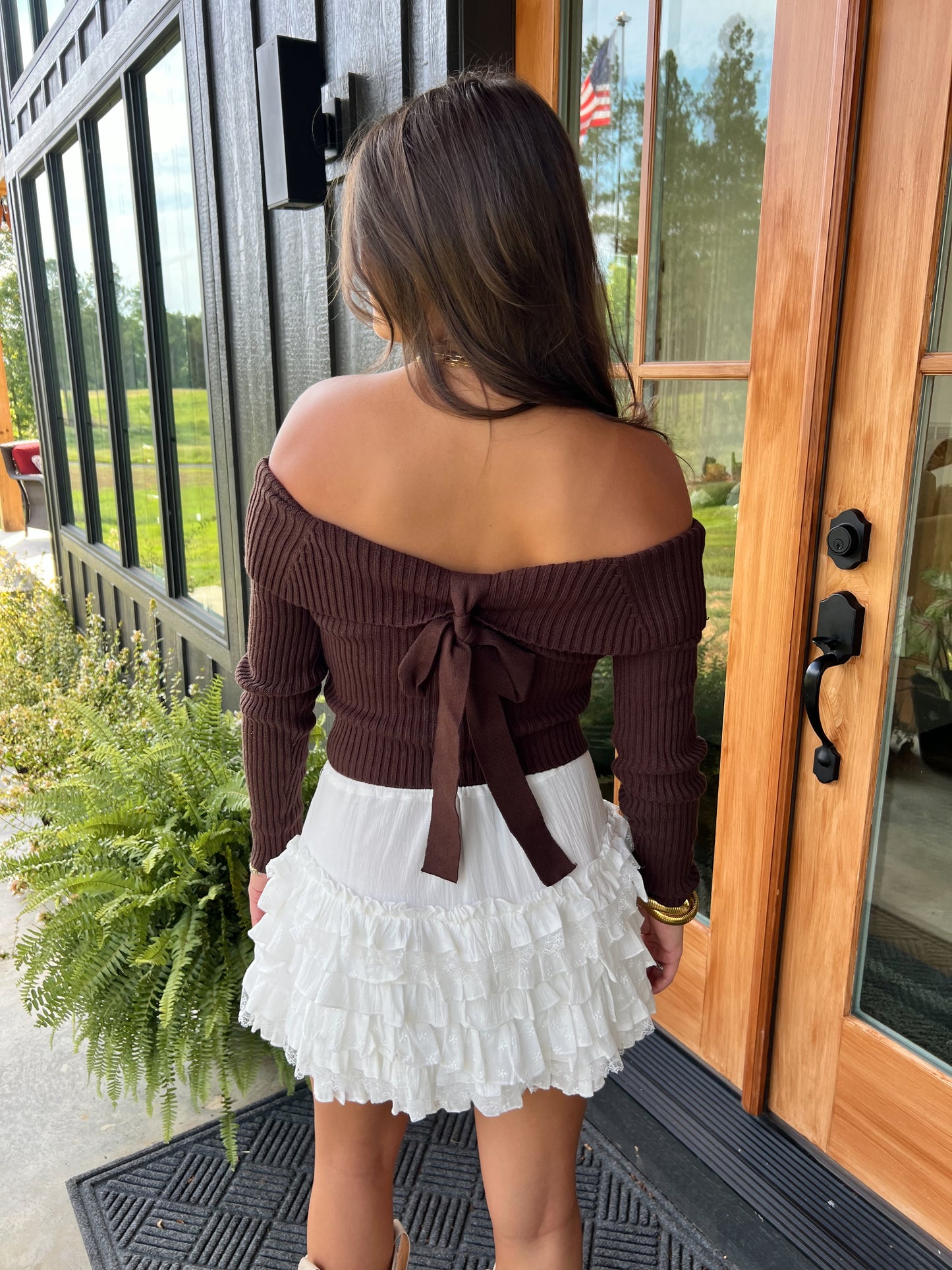 (Brown) Off The Shoulder Ribbed Bow Top