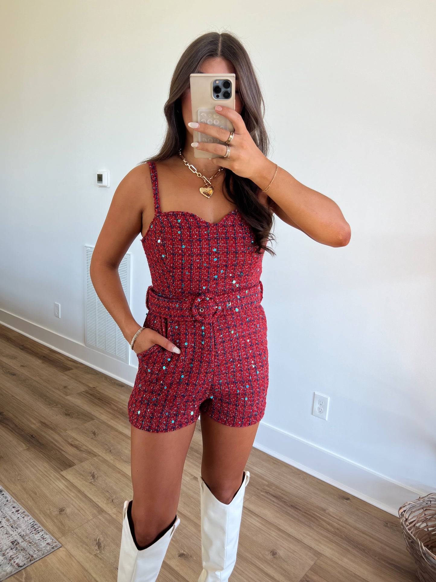 Red Sequin Plaid Romper