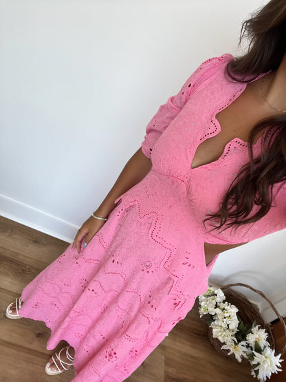 Pink Eyelet Puff Sleeve Maxi Dress