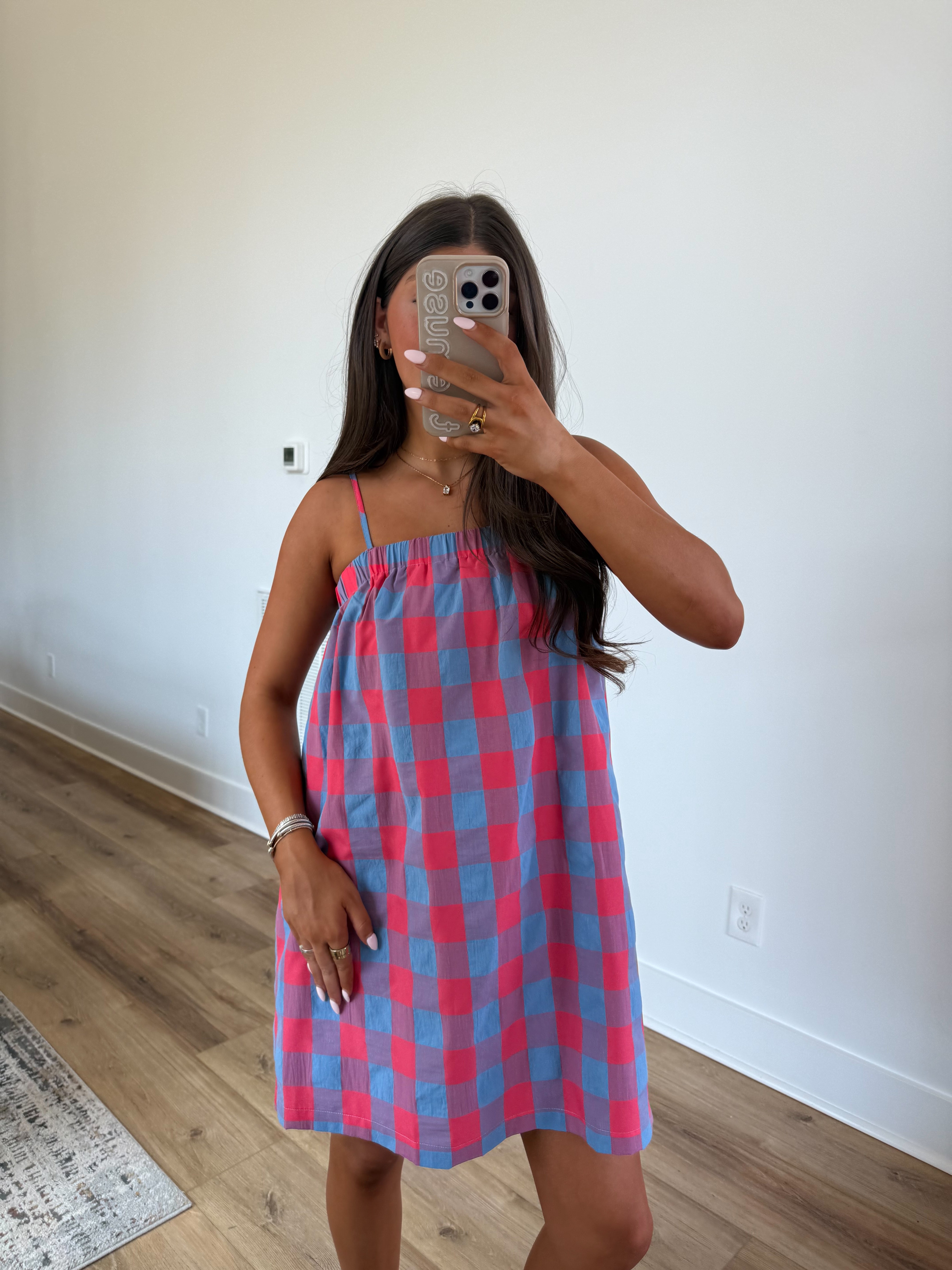 Electric Gingham Mini Dress (Cherry/Blue)