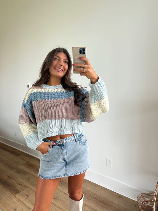 Ice Blue Stripe Round Neck Sweater