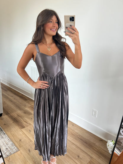 Grey Metallic Pleat Midi Dress