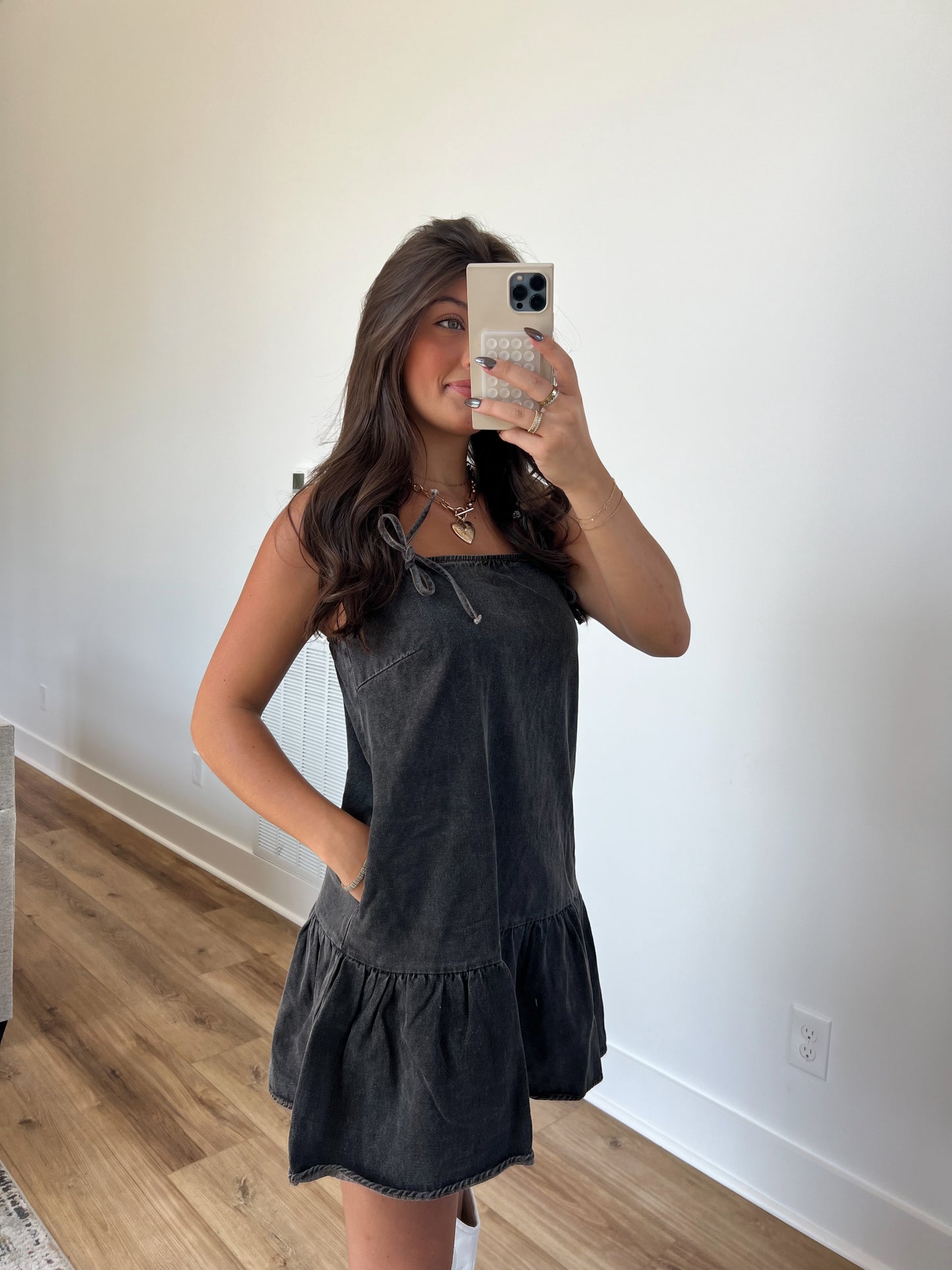 Tiered Mini Denim Dress (Black)