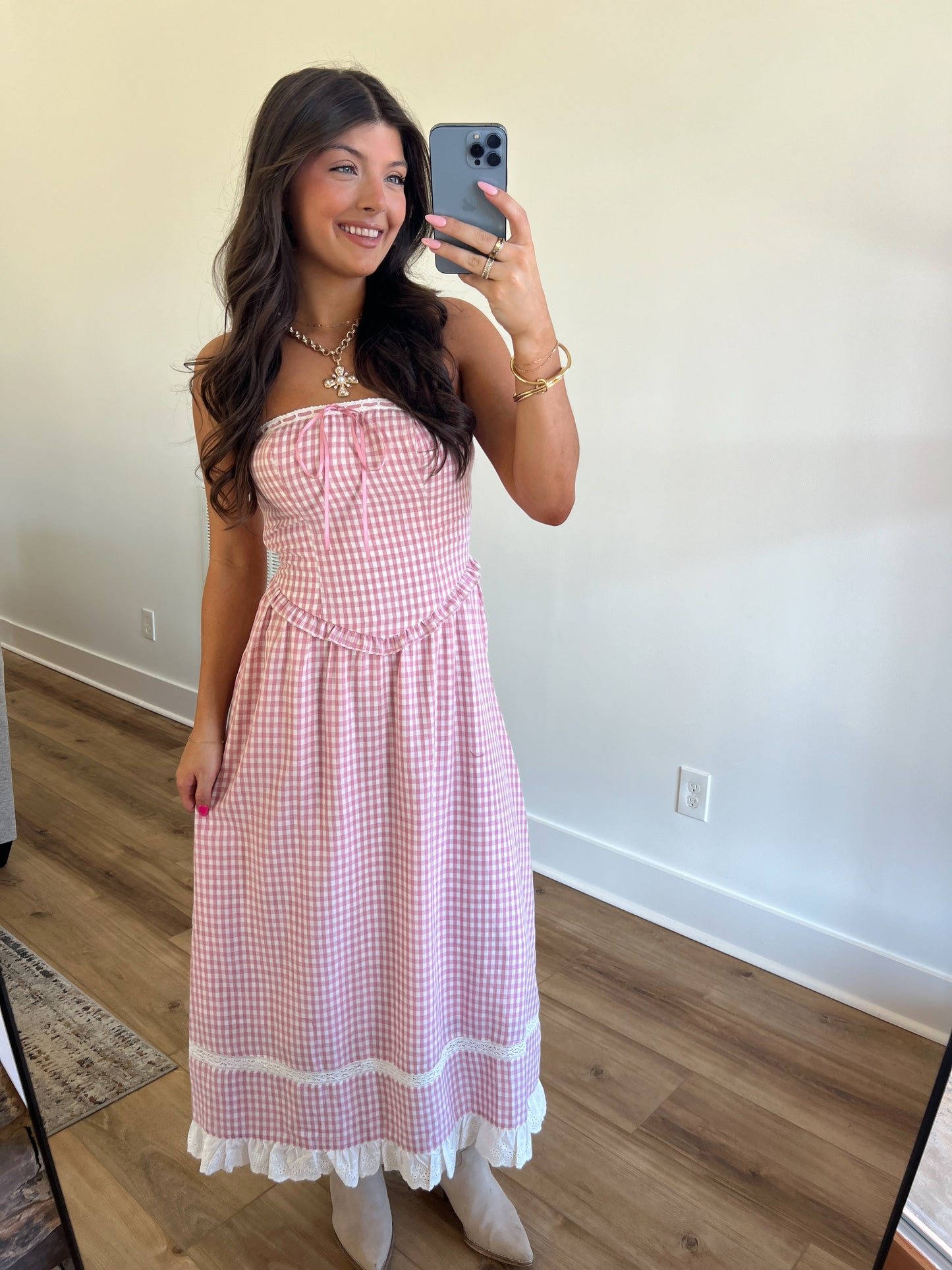 Pink Plaid Midi Dress