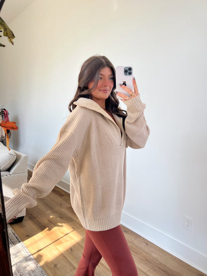 Taupe Cozy Ribbed Quarter Zip